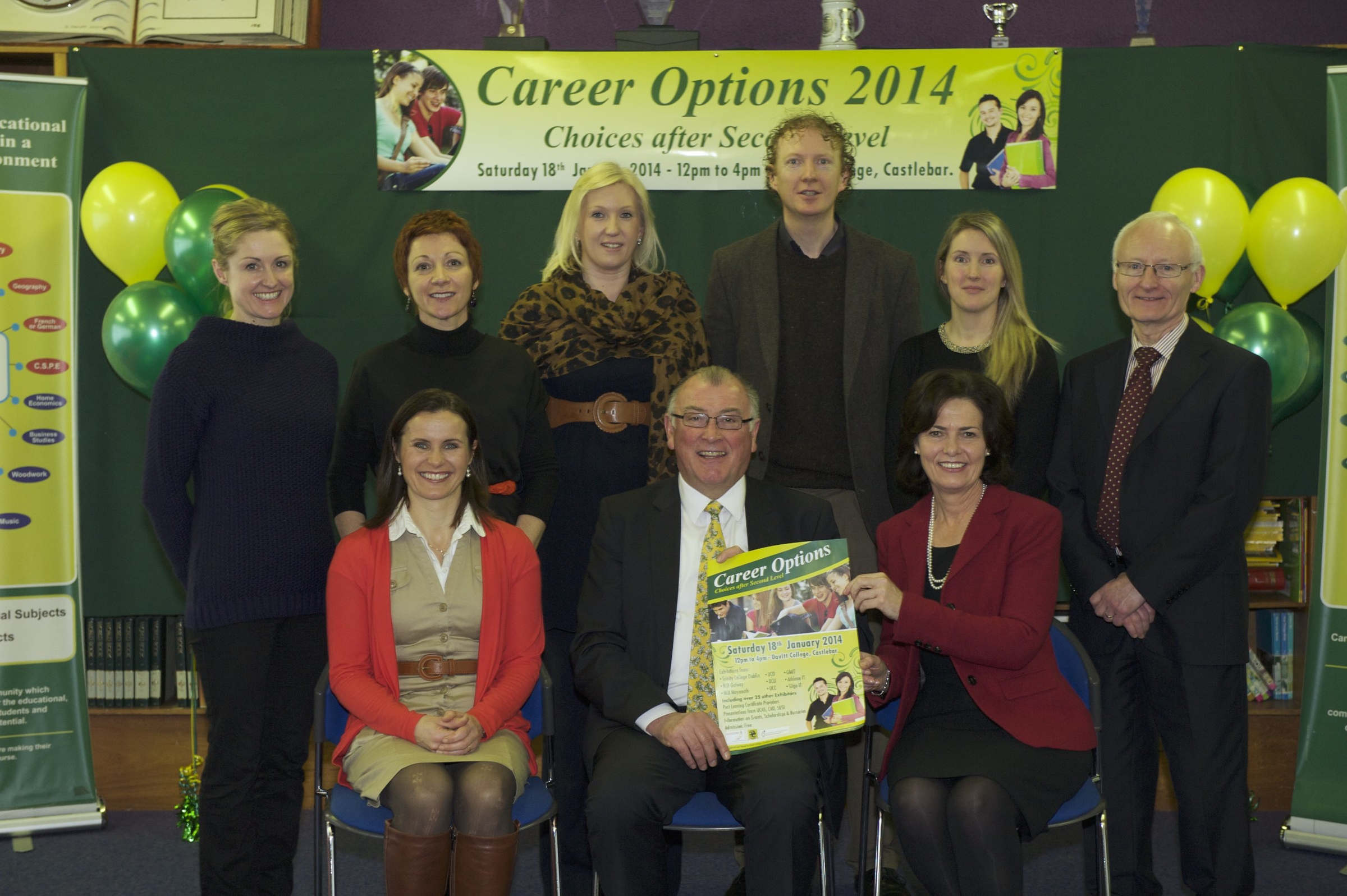 Pictured launching Career Options 2014 at Davitt College, Castlebar were (Back row): Ms. Aine Coyne, Davitt College Organising Committee; Ms. Bernie Lennon, Davitt College Organising Committee; Ms. Tara O’Brien, Davitt College Organising Committee; Mr. Fiachra MacGabhann, Castlebar College of Further Education; Ms. Emma Nestor, Davitt College Organising Committee; ); Mr. Ger King, Deputy Principal, Davitt College. (Front row): Ms. Ruth Carney, Davitt College Organising Committee; Mr. Seosamh Mac Donncha, Chief Executive Officer, Mayo, Sligo  and  Leitrim  Education  and  Training  Board; Ms. Bernie Rowland, Principal, Davitt College