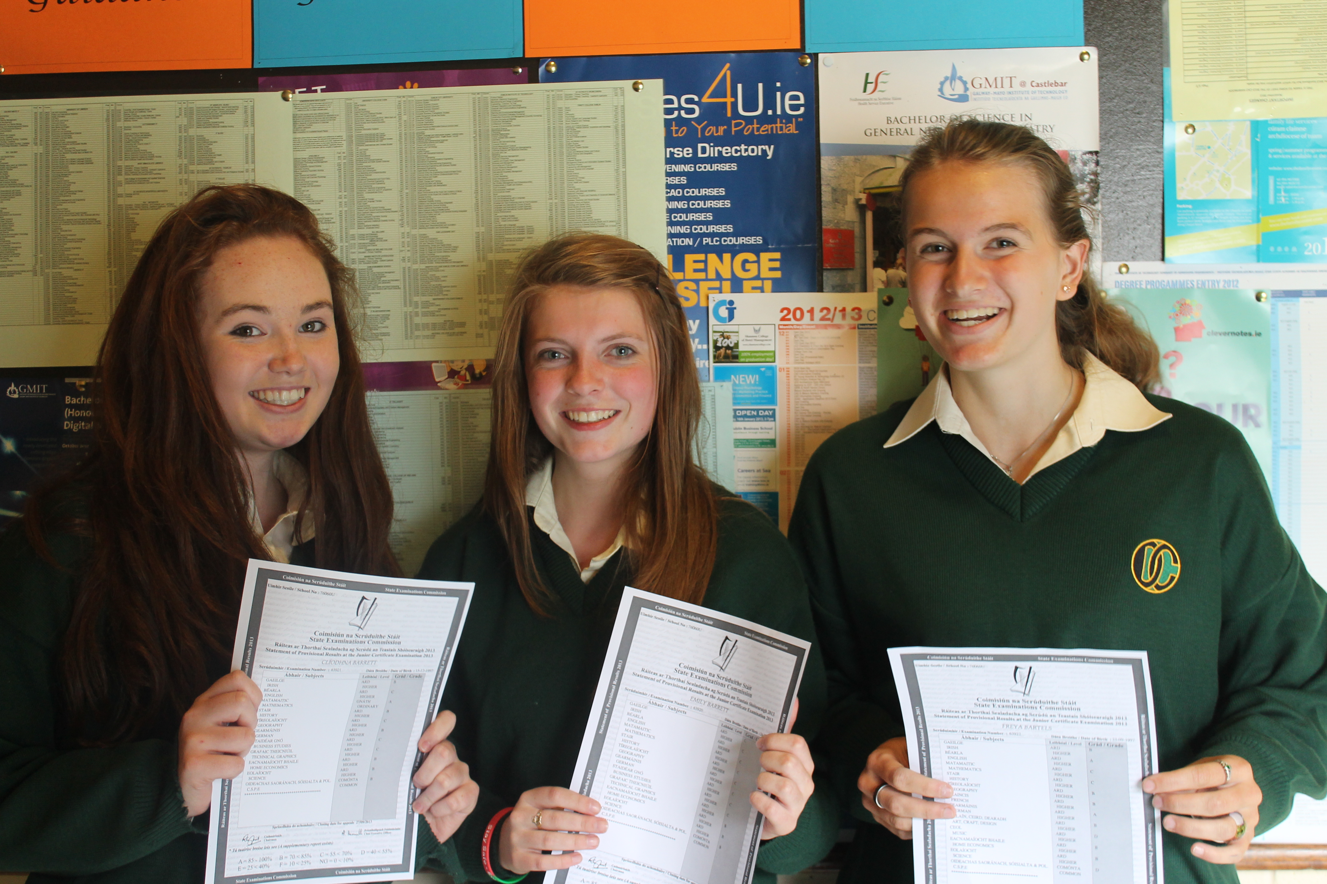 Pictured (from Left) Emily Barrett, Clíodhna Barrett and Freya Bartels of Davitt College, Castlebar are joyous after receiving their Junior Certificate results 2013.