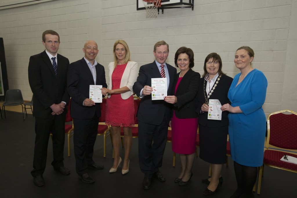 Pictured at the launch of the Health Promoting School Initiative was: (From Left) Mr. Dermot McGarry, PE Teacher, Davitt College; Mr. Charlie Lambert, Mayo Sports Partnership; Ms. Sinead Flynn, PE Teacher, Davitt College; An Taoiseach Enda Kenny TD; Ms. Bernie Rowland, Principal Davitt College; Mrs. Noreen Walsh, National President of Soroptimist Ireland, Ms. Gillian Berry, CROI