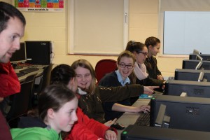 Mr. Aaron Tonry, ICT, Maths and Science Teacher at Davitt College explains a computer program to students from Derrywash Primary School , Castlebar during the Computer Programming Section of The Science & Technology Fair 2016 at Davitt College, Castlebar