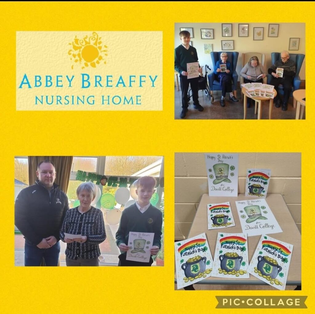 Rory Brogan visiting Abbey Breaffy Nursing Home with St. Patrick's Day cards