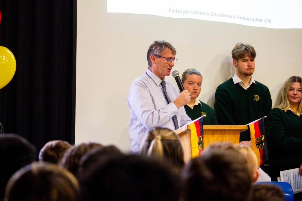 Principal Conor O'Reilly addressing the gathering during the German Ambassador's visit