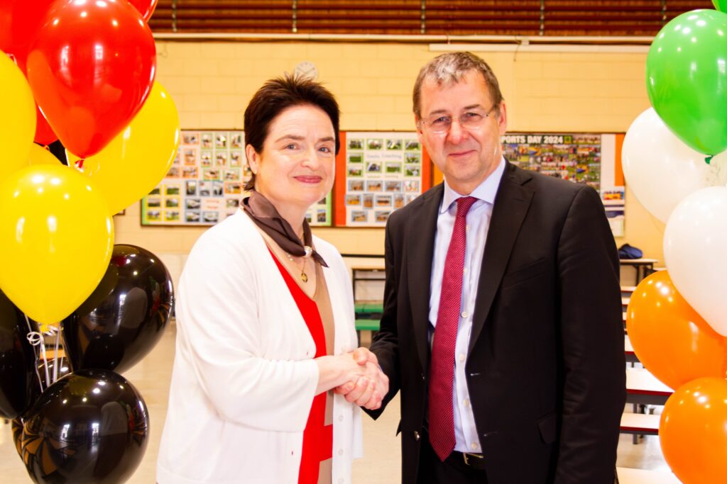 Ambassador David Gill with German teacher Maria Carey
