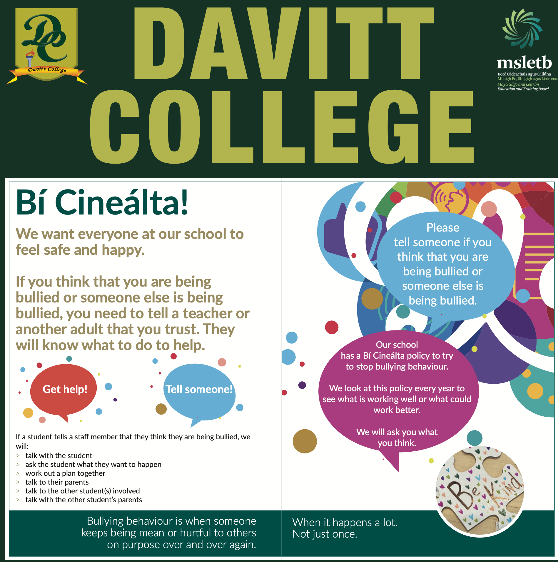 Davitt College student-friendly Bí Cineálta policy